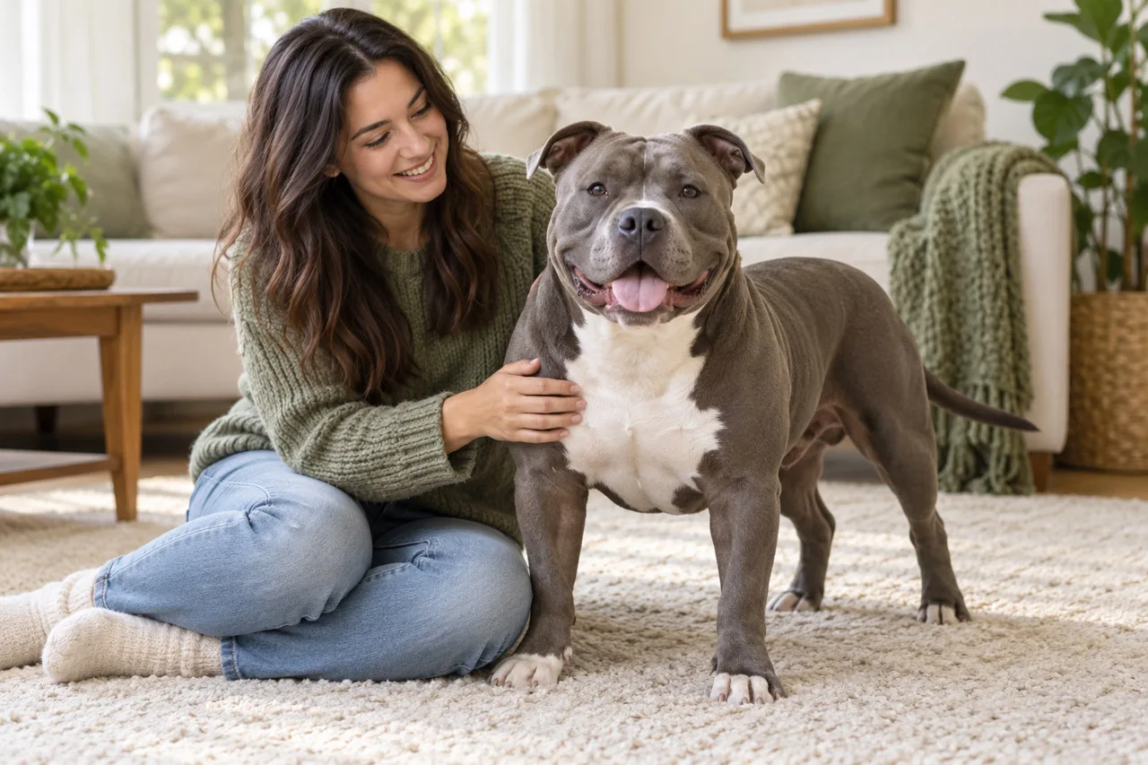 Owner beside a gray short-coated bully-type dog in a bright room
